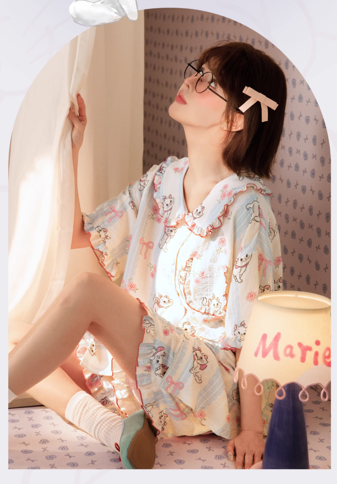 Marie Cat Summer Pajama Set for Women – Short Sleeve Princess-Style Loungewear