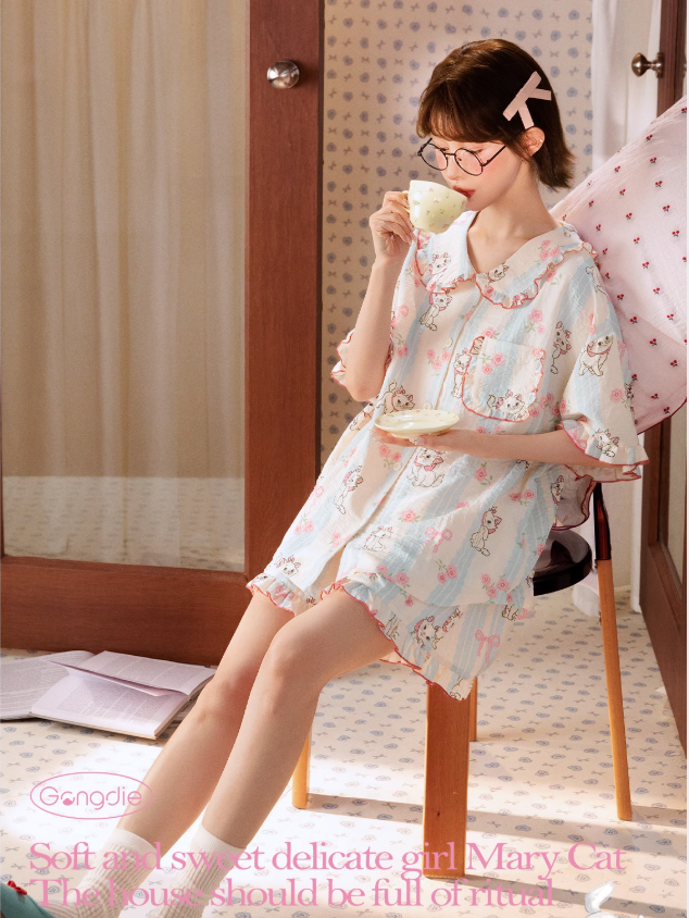 Marie Cat Summer Pajama Set for Women – Short Sleeve Princess-Style Loungewear