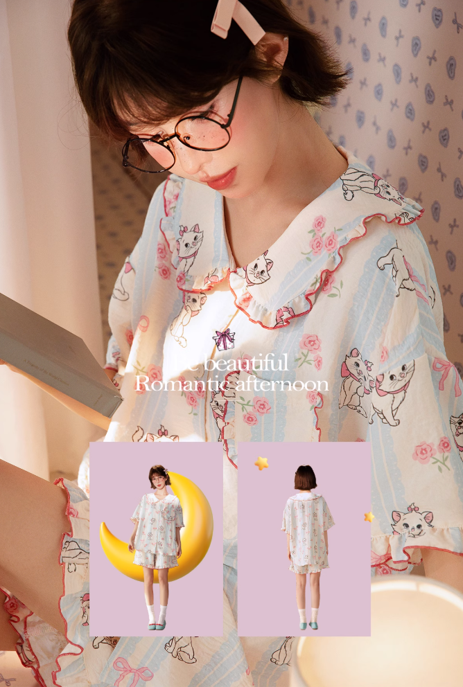 Marie Cat Summer Pajama Set for Women – Short Sleeve Princess-Style Loungewear