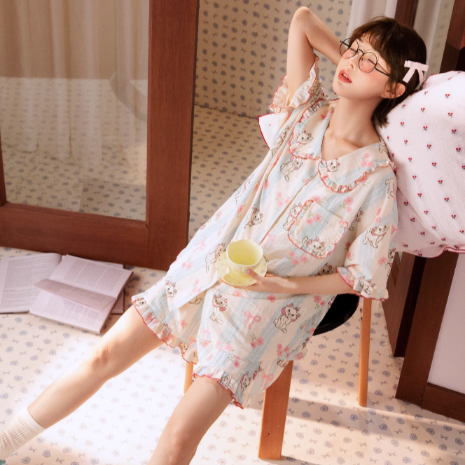Marie Cat Summer Pajama Set for Women – Short Sleeve Princess-Style Loungewear