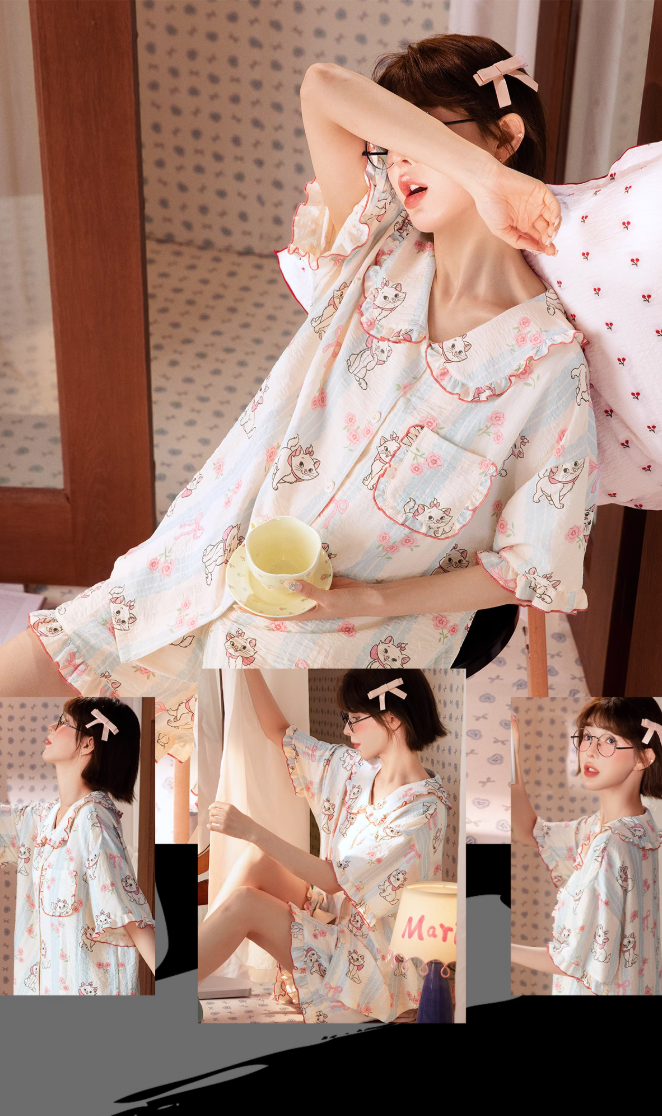 Marie Cat Summer Pajama Set for Women – Short Sleeve Princess-Style Loungewear