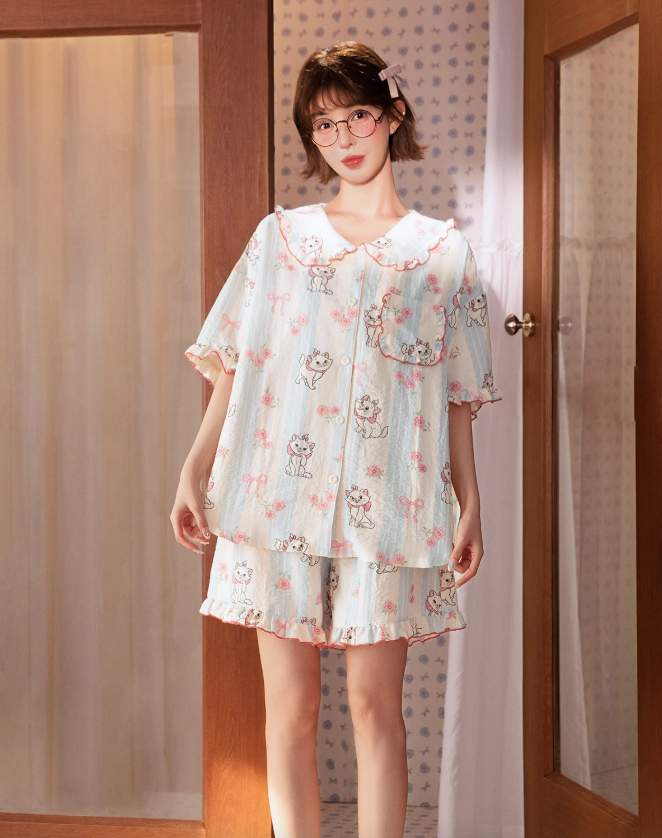 Marie Cat Summer Pajama Set for Women – Short Sleeve Princess-Style Loungewear