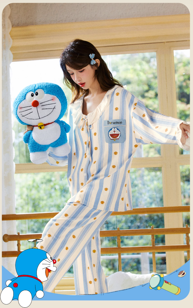 Doraemon Cotton Pajama Set for Women – Long Sleeve Antibacterial Loungewear | Japanese INS Style for Spring & Autumn