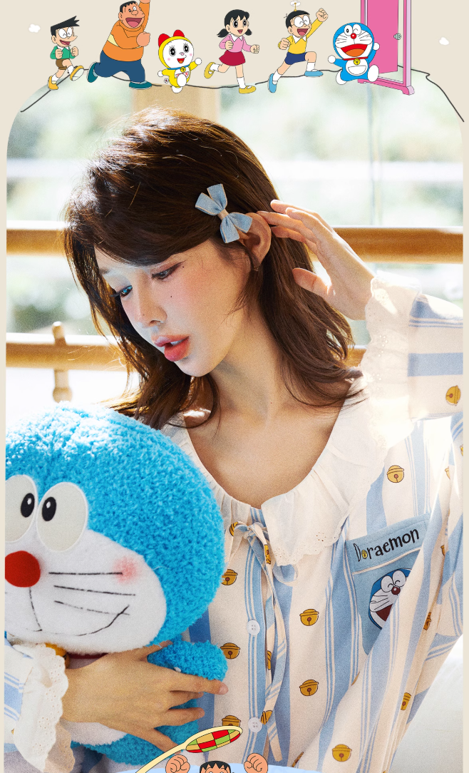 Doraemon Cotton Pajama Set for Women – Long Sleeve Antibacterial Loungewear | Japanese INS Style for Spring & Autumn