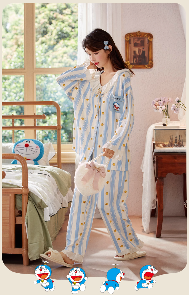 Doraemon Cotton Pajama Set for Women – Long Sleeve Antibacterial Loungewear | Japanese INS Style for Spring & Autumn