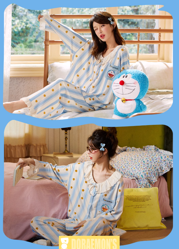 Doraemon Cotton Pajama Set for Women – Long Sleeve Antibacterial Loungewear | Japanese INS Style for Spring & Autumn