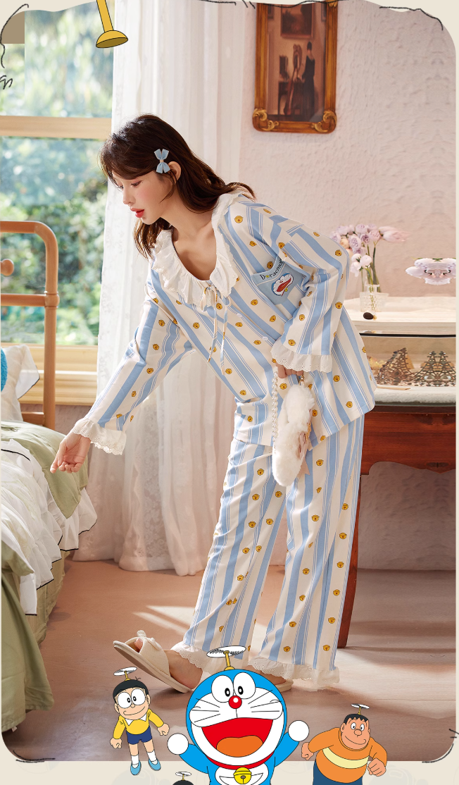 Doraemon Cotton Pajama Set for Women – Long Sleeve Antibacterial Loungewear | Japanese INS Style for Spring & Autumn
