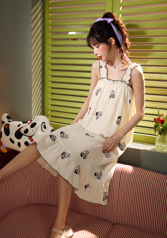 Dalmatian Print Cotton Sleep Dress for Women – Cute Sleeveless Nightgown | Summer Loungewear with Adjustable Straps