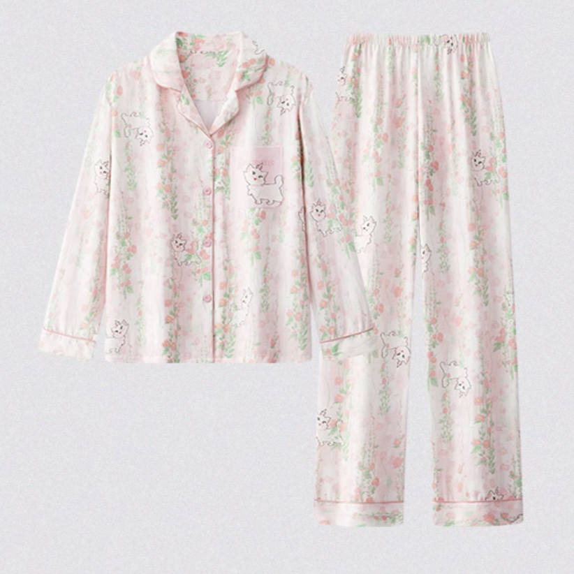 Women’s Long Sleeve Marie Cat Pajama Set – Cute & Casual Loungewear for Spring & Autumn, Outdoor-Friendly Sleepwear with Pockets