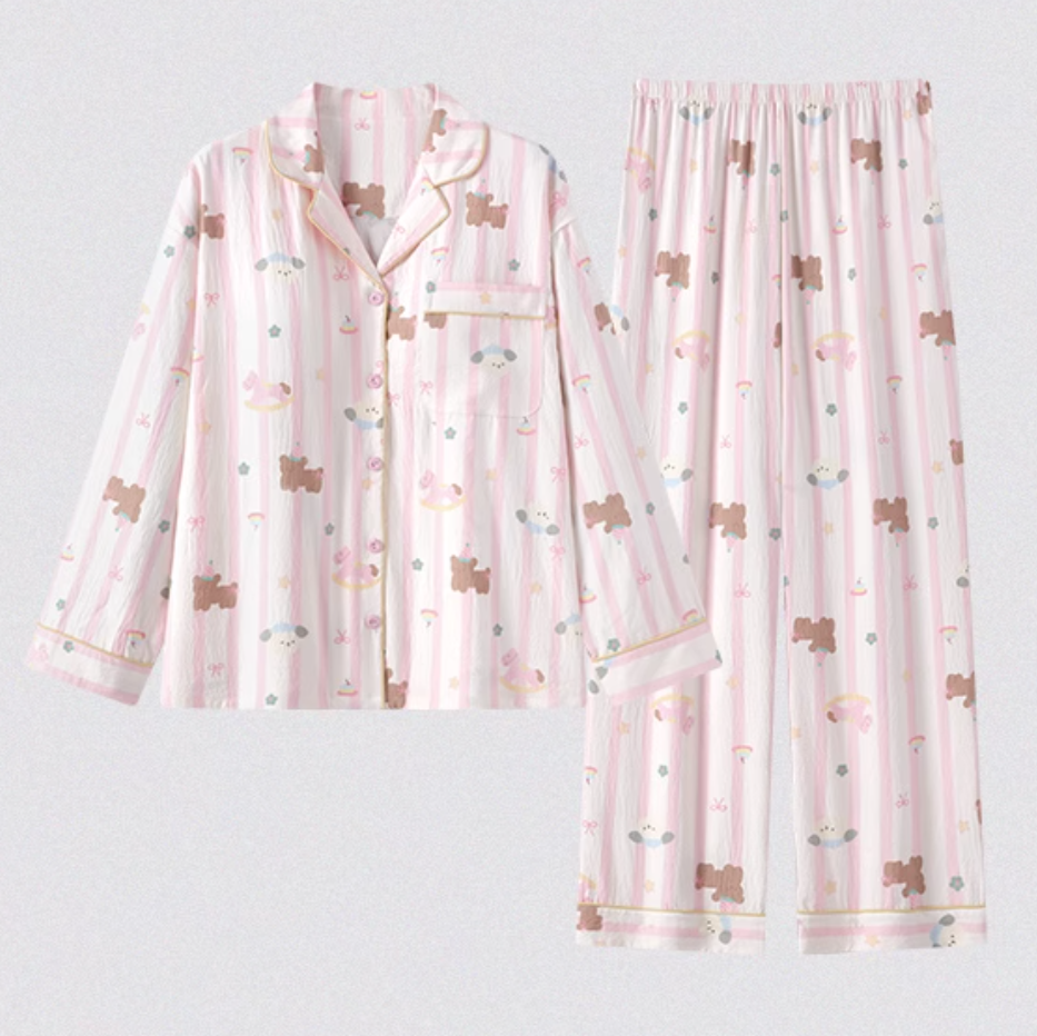 Women’s Long Sleeve Cartoon Pajama Set with Built-in Bra – 2025 Spring/Fall Loungewear, Soft & Cozy Sleepwear