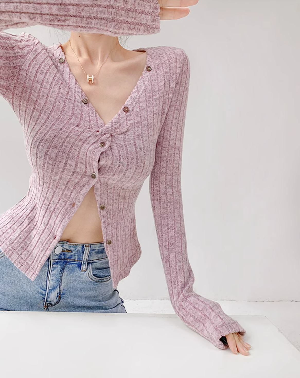 Korean Curve Knit Cardigan – Soft Ribbed Twist Front Single-Breasted Sweater