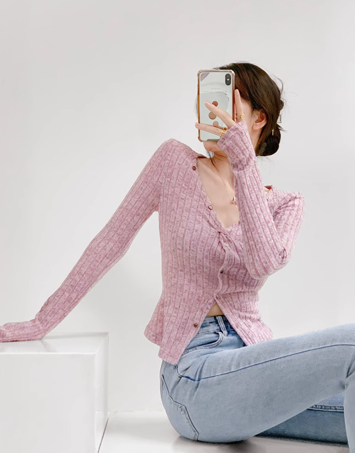 Korean Curve Knit Cardigan – Soft Ribbed Twist Front Single-Breasted Sweater