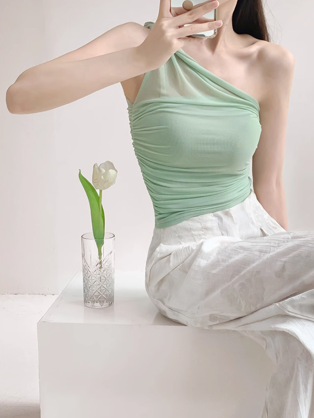 Asymmetrical Mesh Strap Crop Top ā Sexy Slim-Fit Buttoned Cami for Summer Looks