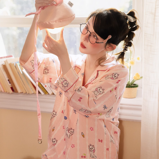 Women’s Long Sleeve Cotton Pajamas – Full Cartoon Print Cardigan Loungewear for Spring & Summer | Marie Cat Design