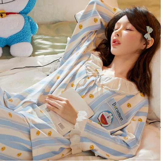 Doraemon Cotton Pajama Set for Women – Long Sleeve Antibacterial Loungewear | Japanese INS Style for Spring & Autumn