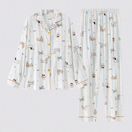 Women’s Long Sleeve Pajama Set with Built-in Bra – Cute Puppy Print Loungewear for Spring & Autumn, No Bra Needed, Outdoor-Friendly