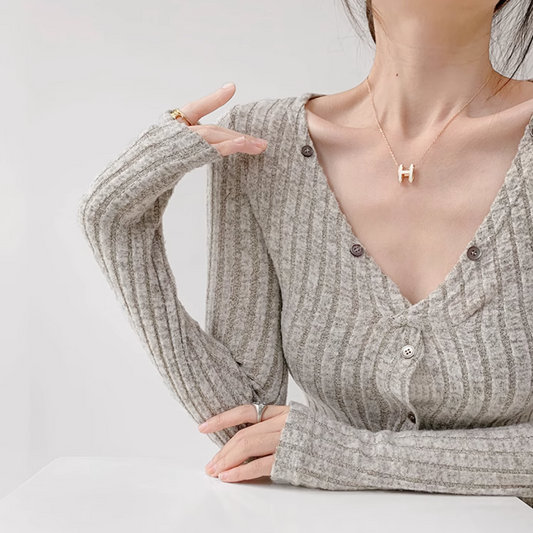Korean Curve Knit Cardigan – Soft Ribbed Twist Front Single-Breasted Sweater