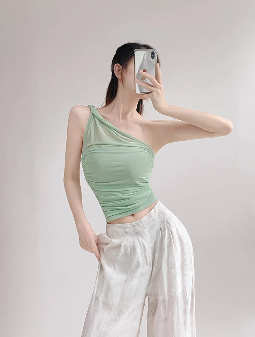 Asymmetrical Mesh Strap Crop Top – Sexy Slim-Fit Buttoned Cami for Summer Looks