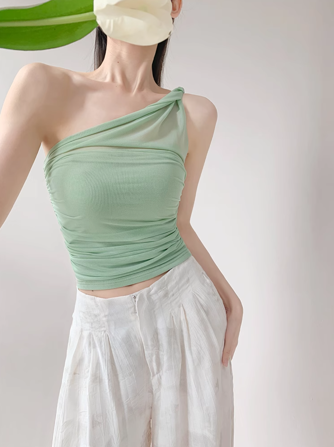 Asymmetrical Mesh Strap Crop Top – Sexy Slim-Fit Buttoned Cami for Summer Looks