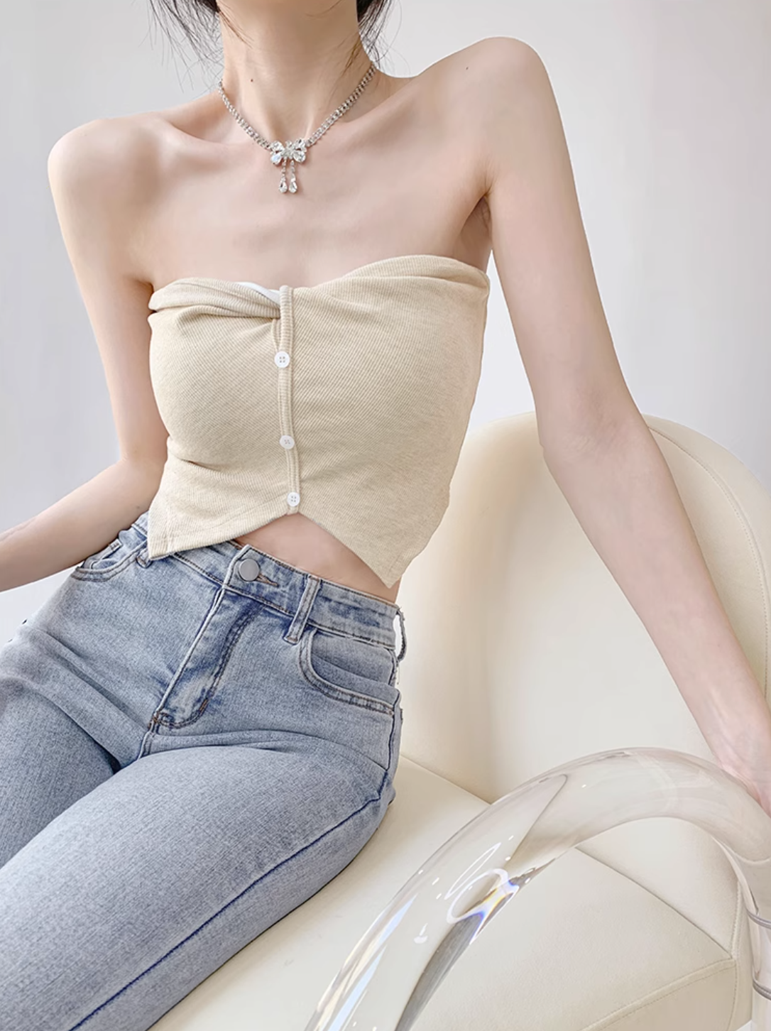 Asymmetrical Mesh Strap Crop Top – Sexy Slim-Fit Buttoned Cami for Summer Looks