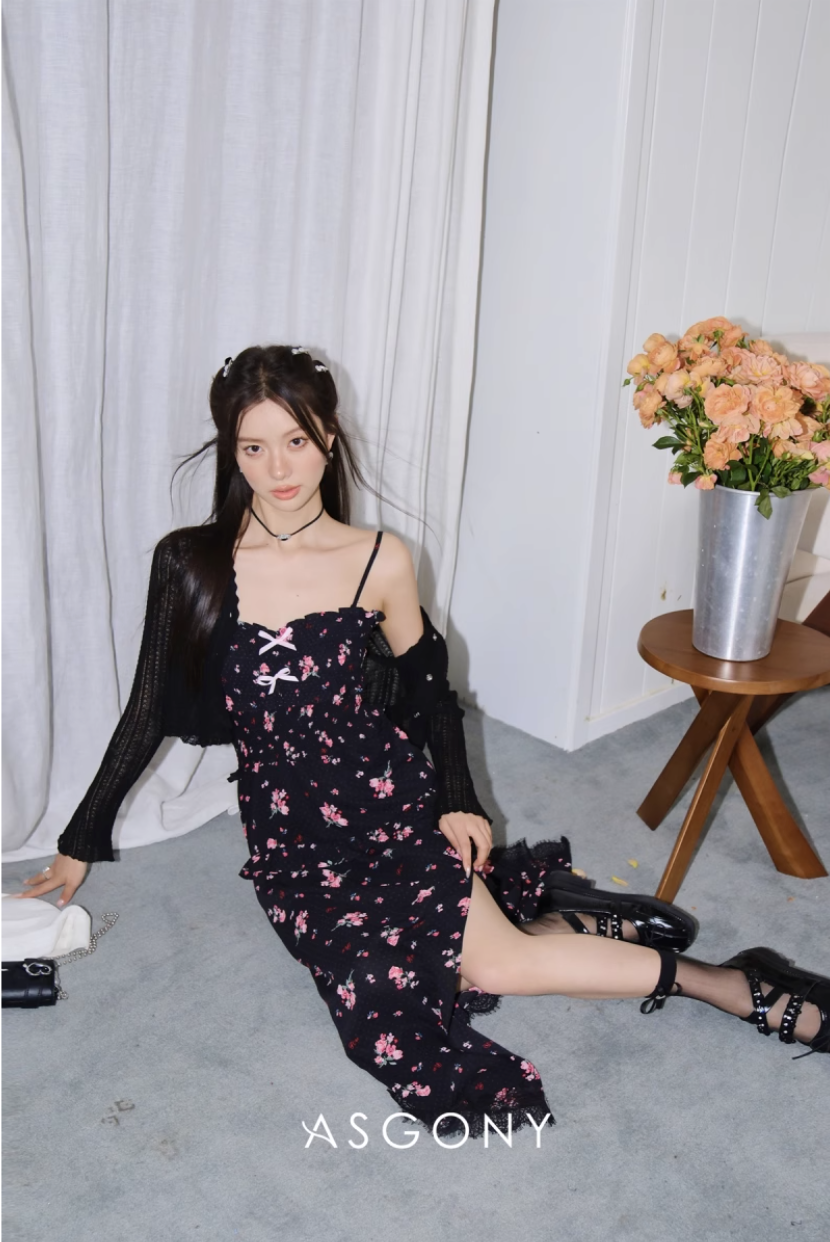 ASGONY Floral Lace Spaghetti Strap Dress – Slit Hem Slim Fit Summer Midi Dress