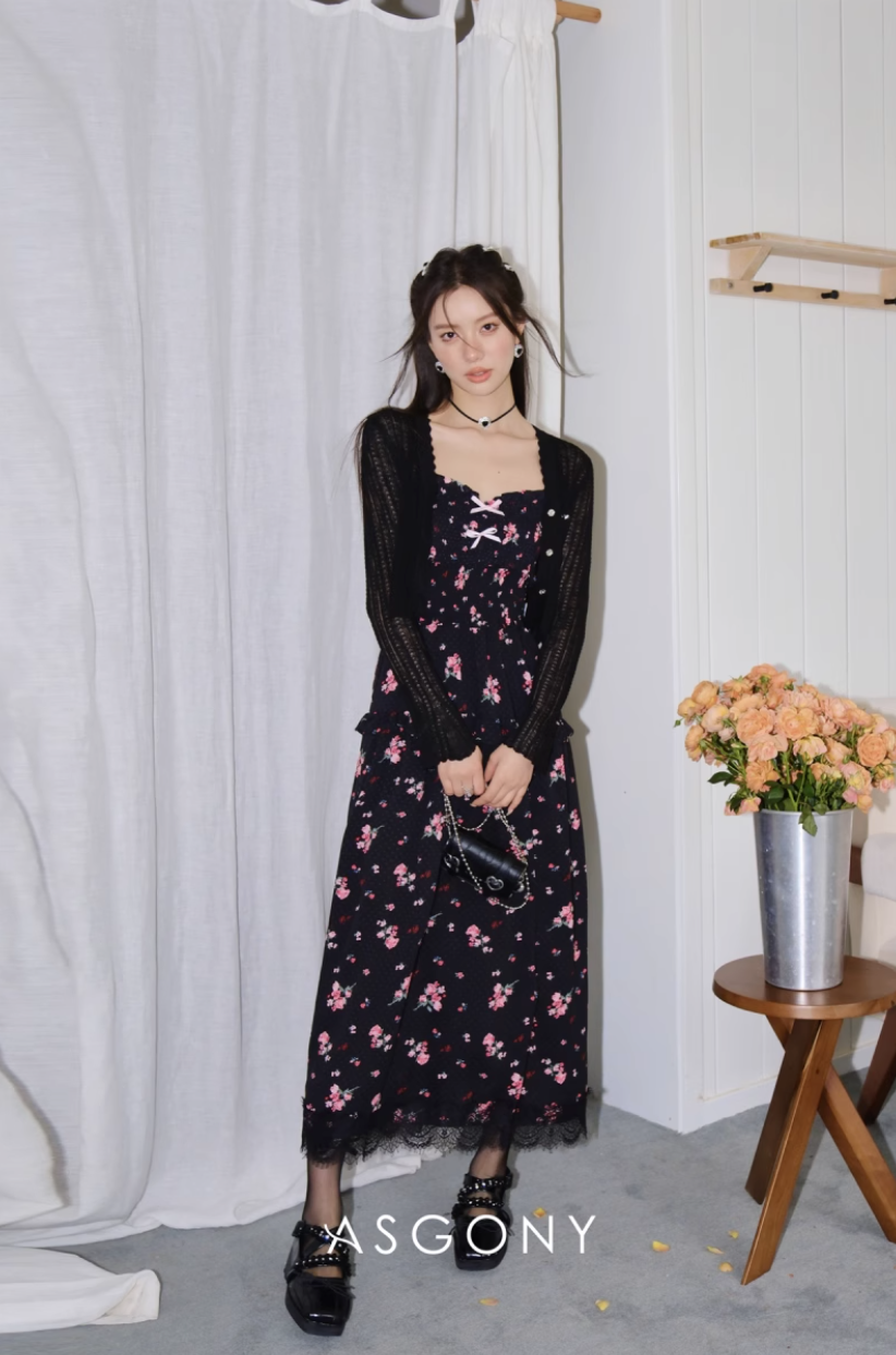 ASGONY Floral Lace Spaghetti Strap Dress – Slit Hem Slim Fit Summer Midi Dress