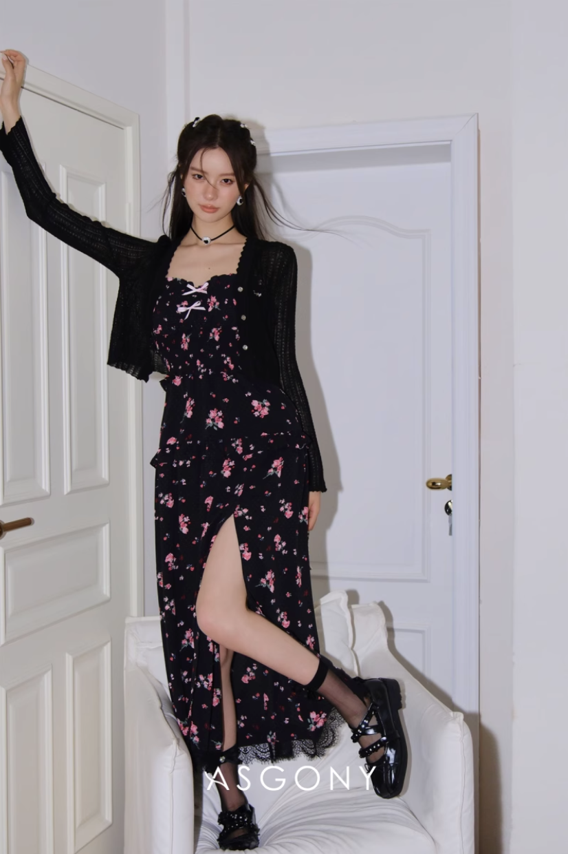 ASGONY Floral Lace Spaghetti Strap Dress – Slit Hem Slim Fit Summer Midi Dress