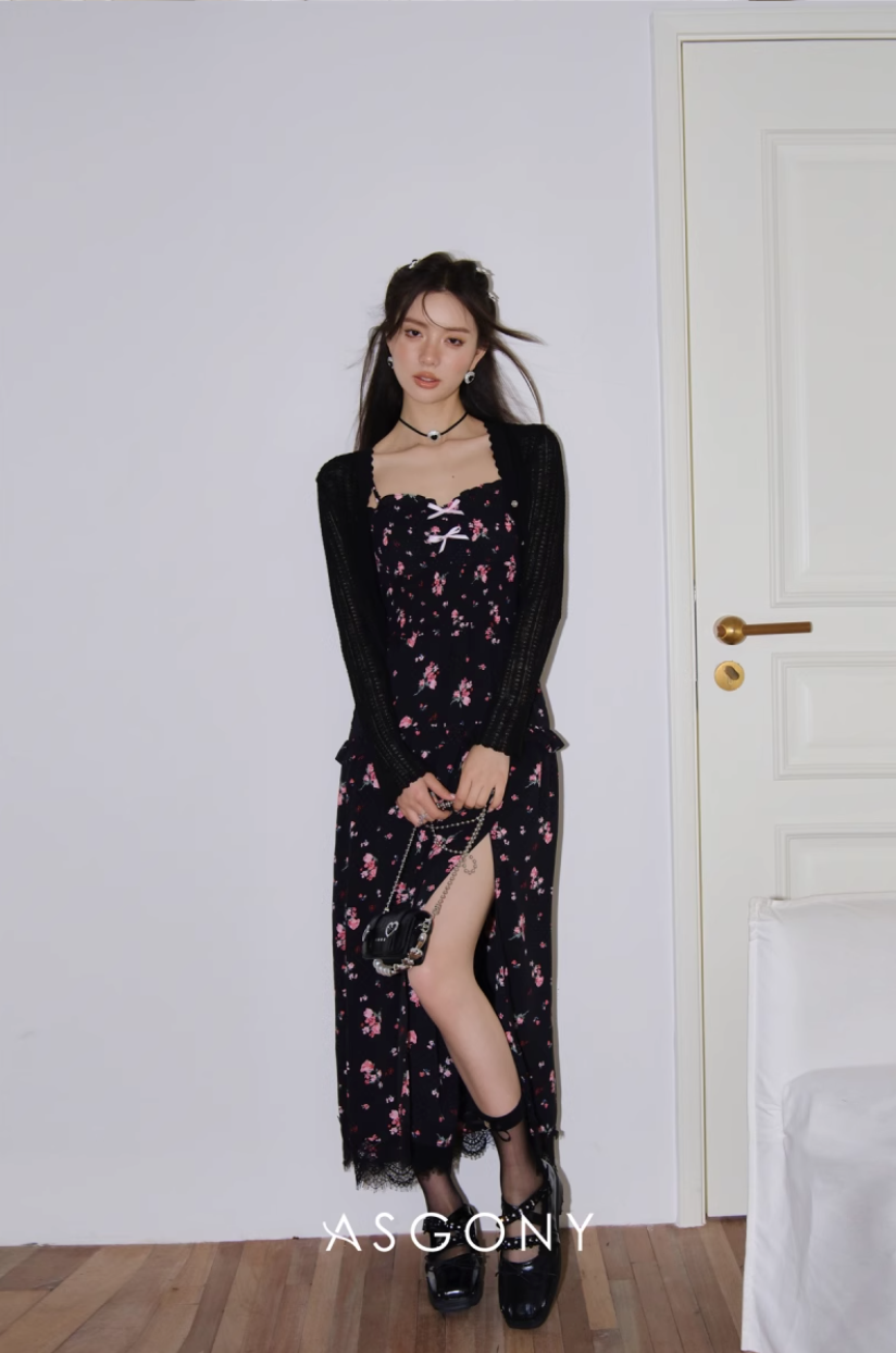 ASGONY Floral Lace Spaghetti Strap Dress – Slit Hem Slim Fit Summer Midi Dress