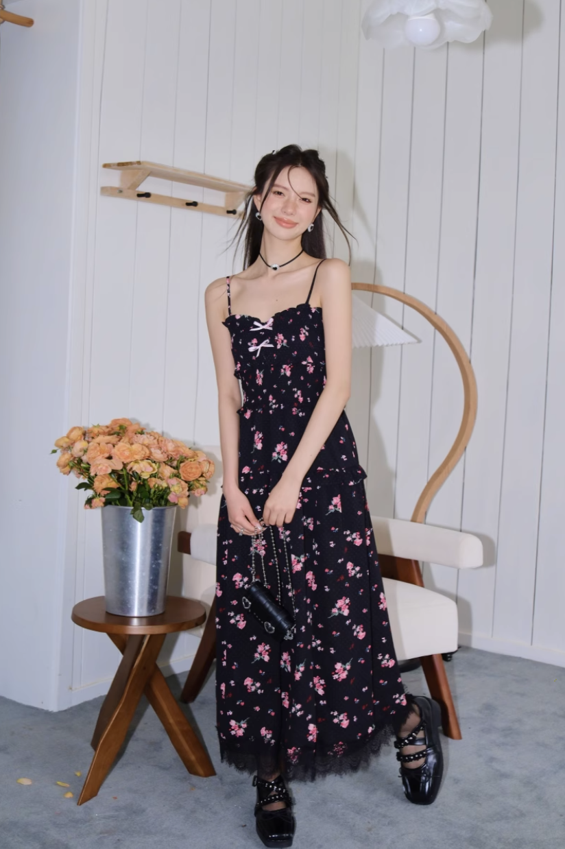 ASGONY Floral Lace Spaghetti Strap Dress – Slit Hem Slim Fit Summer Midi Dress