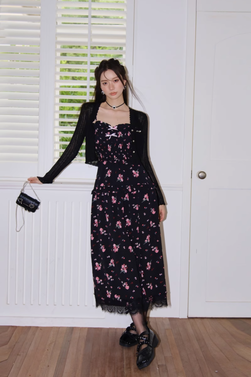 ASGONY Floral Lace Spaghetti Strap Dress – Slit Hem Slim Fit Summer Midi Dress