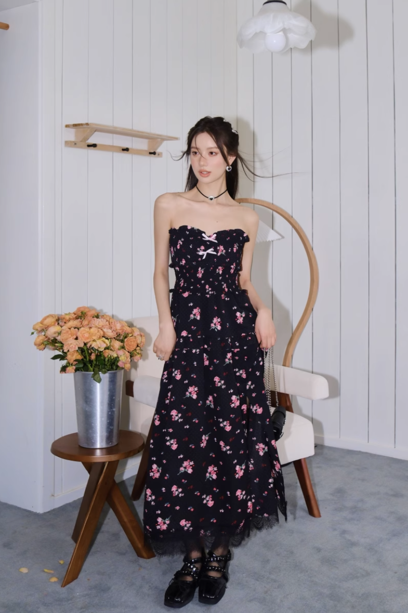 ASGONY Floral Lace Spaghetti Strap Dress – Slit Hem Slim Fit Summer Midi Dress