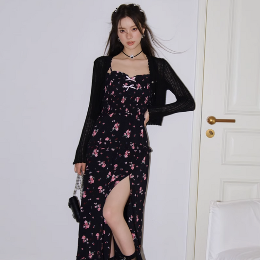 ASGONY Floral Lace Spaghetti Strap Dress – Slit Hem Slim Fit Summer Midi Dress