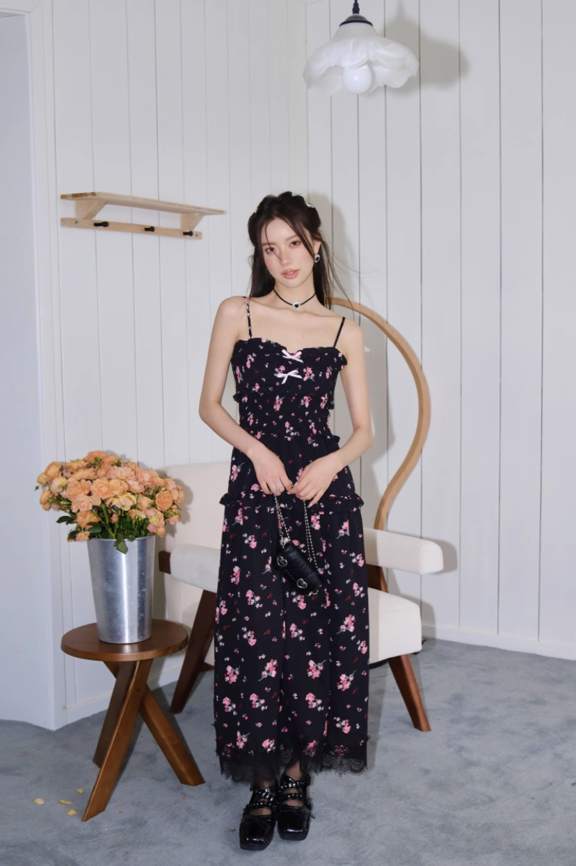 ASGONY Floral Lace Spaghetti Strap Dress – Slit Hem Slim Fit Summer Midi Dress
