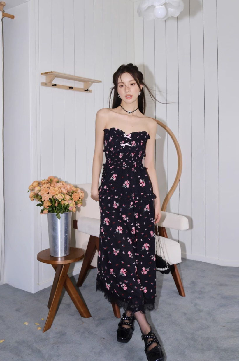 ASGONY Floral Lace Spaghetti Strap Dress – Slit Hem Slim Fit Summer Midi Dress