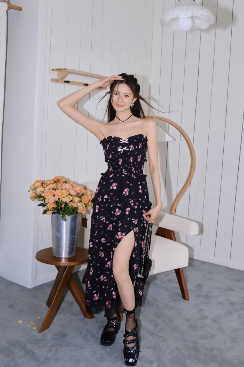 ASGONY Floral Lace Spaghetti Strap Dress – Slit Hem Slim Fit Summer Midi Dress
